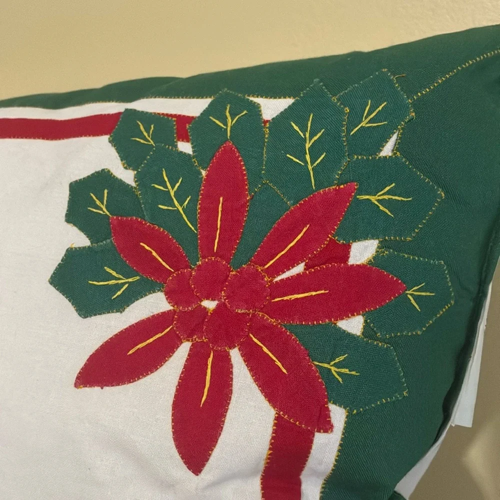 Embroidered Poinsettia-Bow Rectangular Pillow